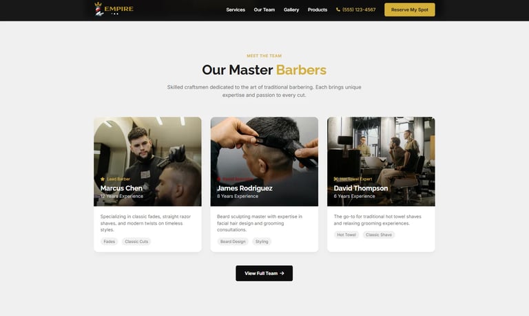 Three professional barbers showcasing barbering skills with clients in a barber shop setting