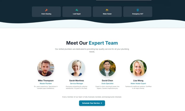 Meet Our Expert Team section featuring four team member profile photos with names and titles displayed below each image