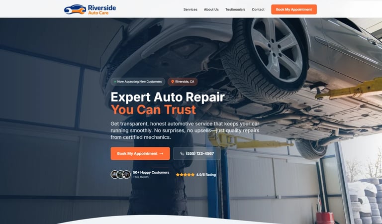 Auto repair shop website mockup showing services and contact information