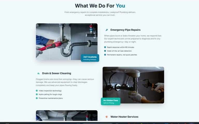 Plumbing services overview showing emergency pipe repairs, drain cleaning, and water heater services with images and descriptions